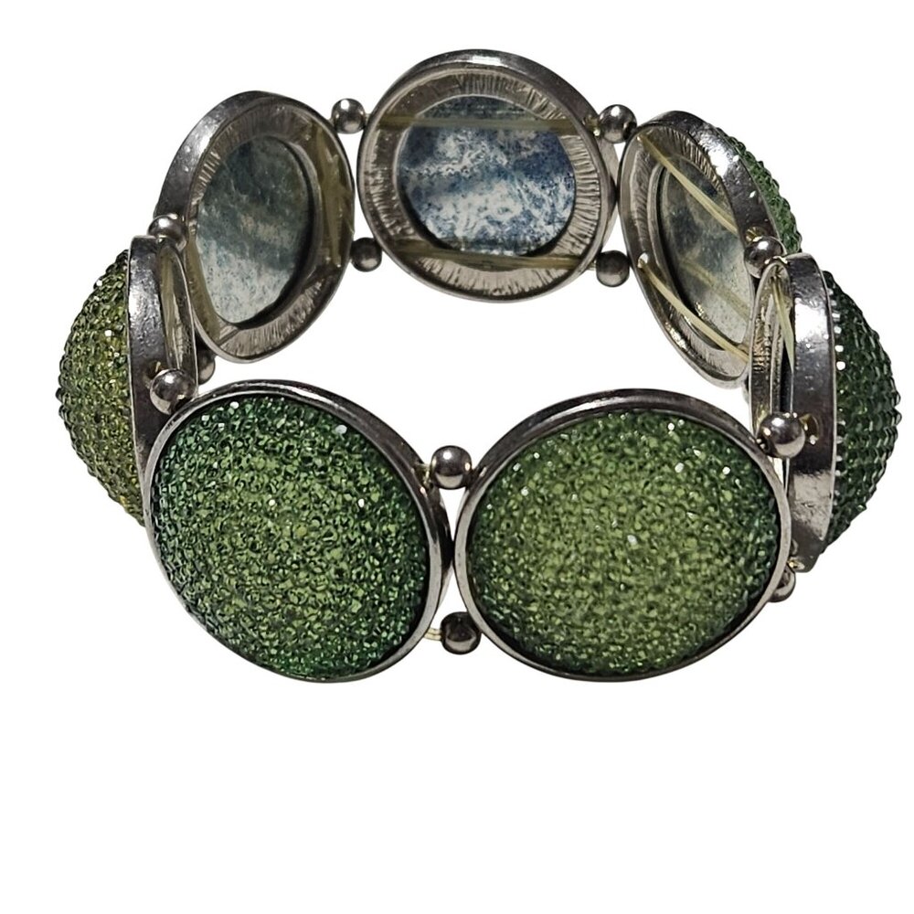 Vintage Green Textured Stretch Bracelet Silver Tone Metal Retro Fashion Jewelry